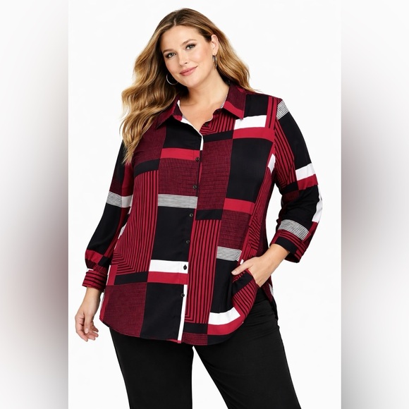 Susan Graver Tops - Susan Graver Geometric Button Blouse Red‎ Black 1X